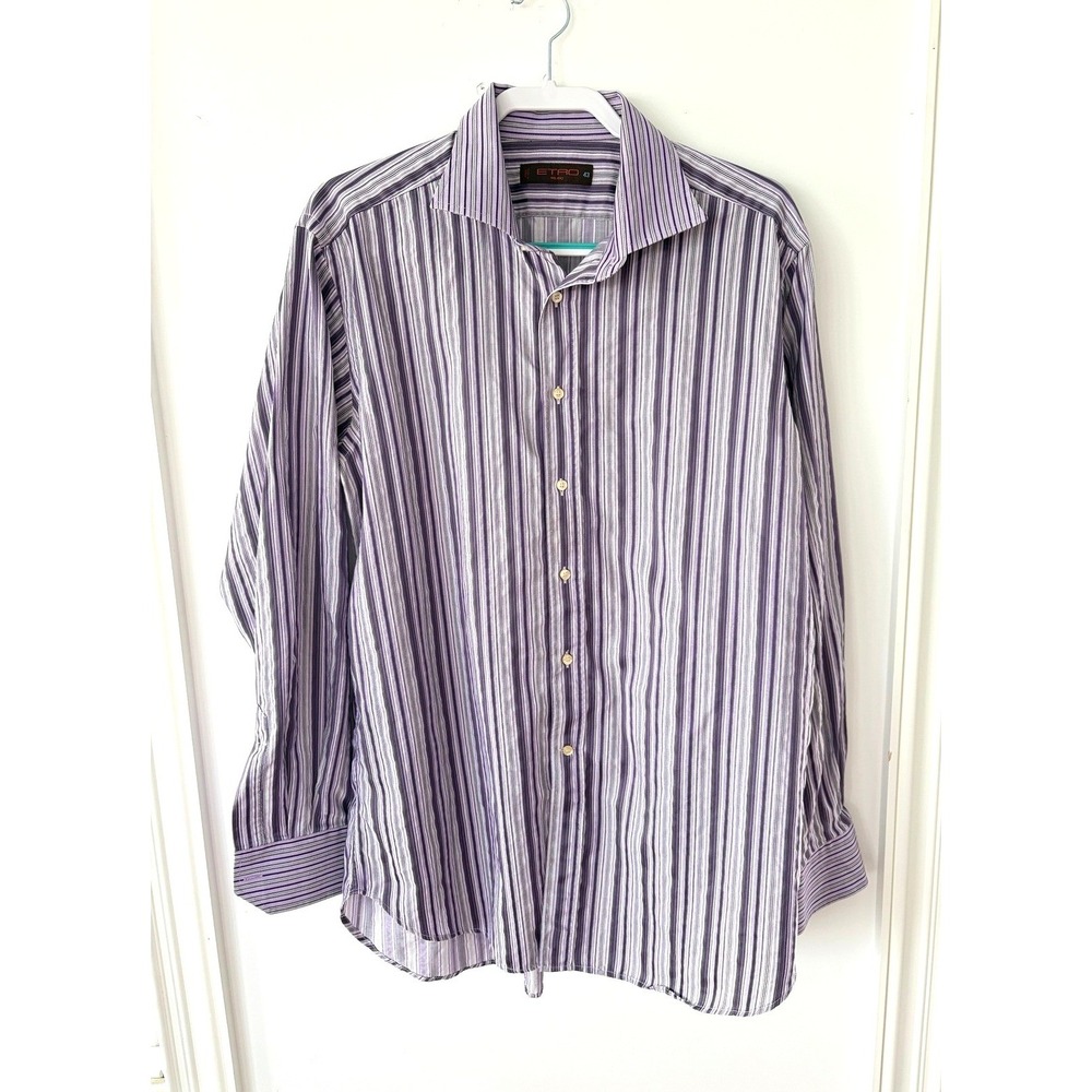 Etro Milano Mens Purple Striped Long Sleeve Dress Shirt Made in Italy Size 43